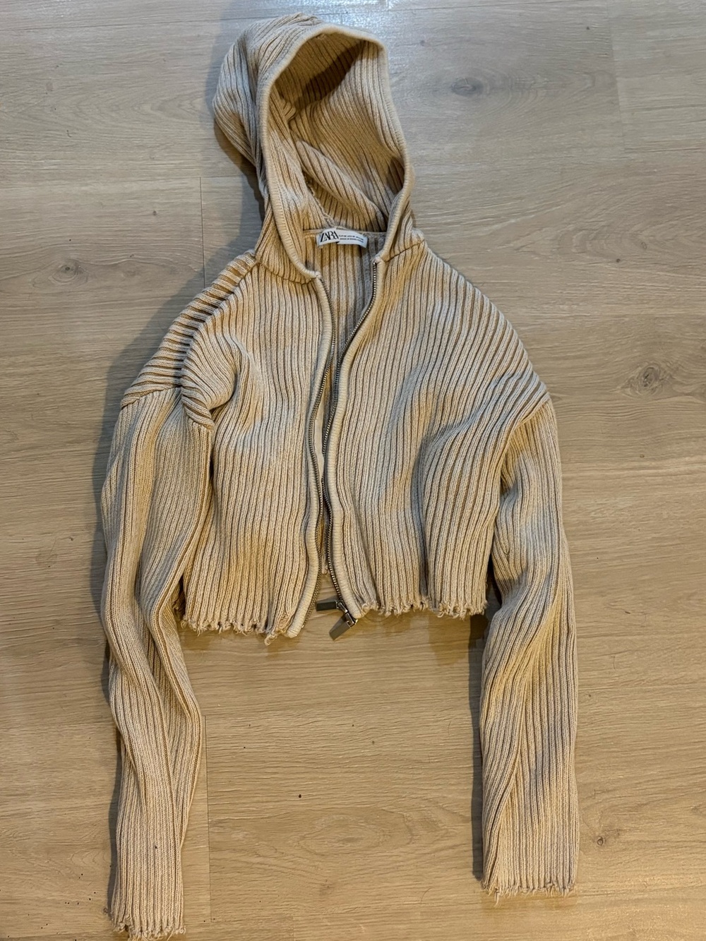 Zara Cropped Ribbed Hoodie - Tan